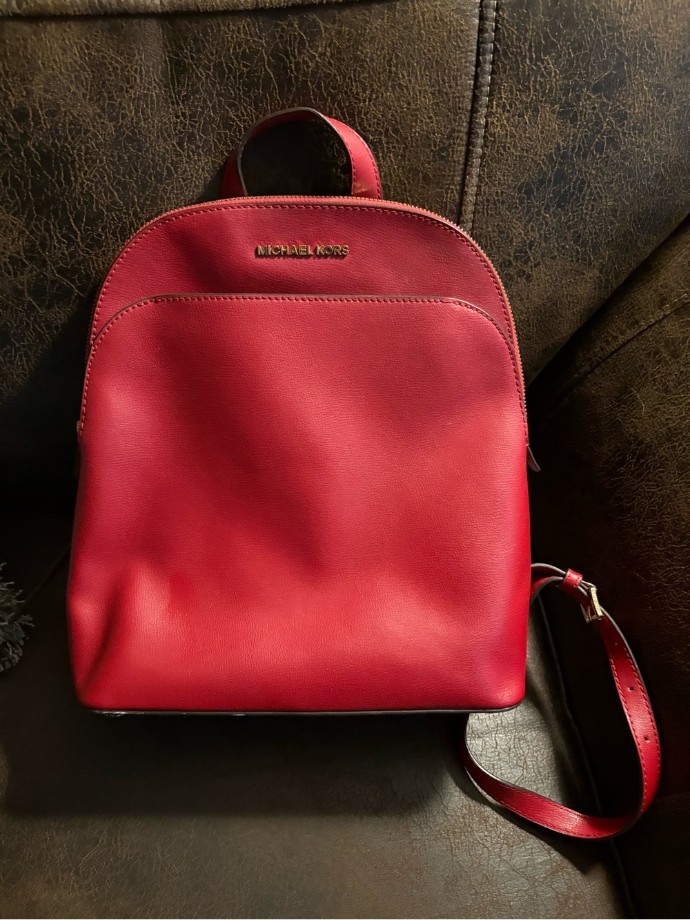 Michael Kors Large Cherry Red Emmy Dome Leather Backpack